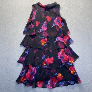 S.L. Fashions Tiered Cocktail Party Sheath Dress 16 Ruffled Black Floral Fairy